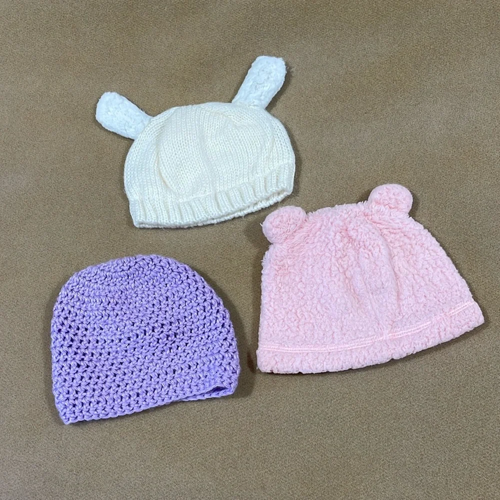 GYMBOREE & HANDMADE SET OF 3 KNIT CAP HATS FOR BABY GIRL SIZE 3-6, & 0-12